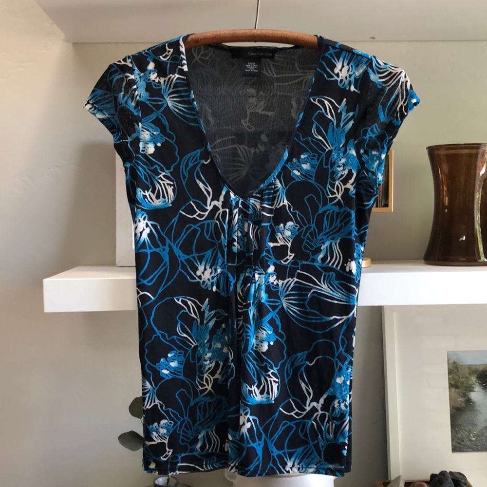 Vintage Y2K Calvin Klein Blue Black Graphic Floral Print Mesh Sheer Top Small